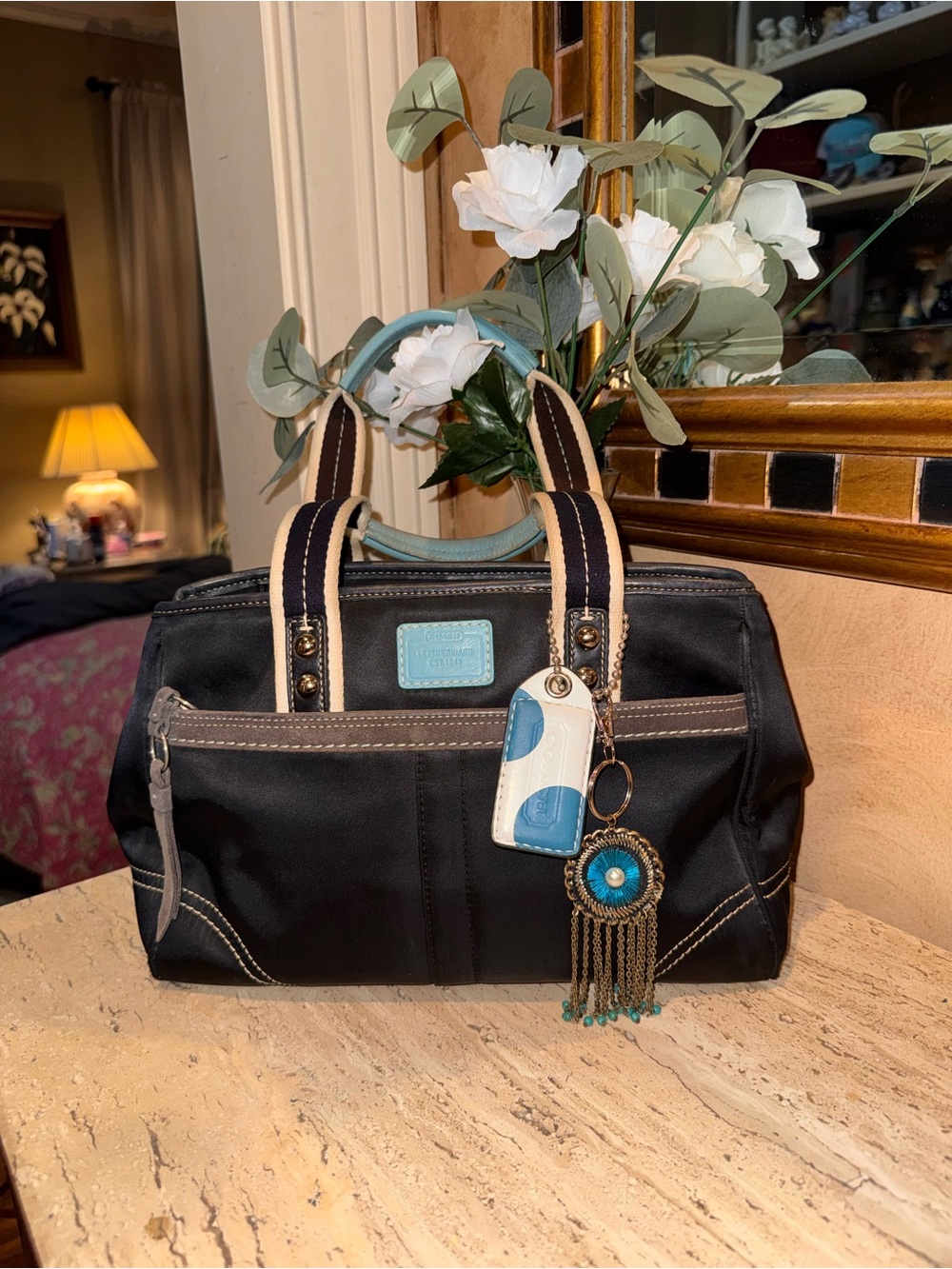 Coach Black Satchel with Turquoise Trim and Charm